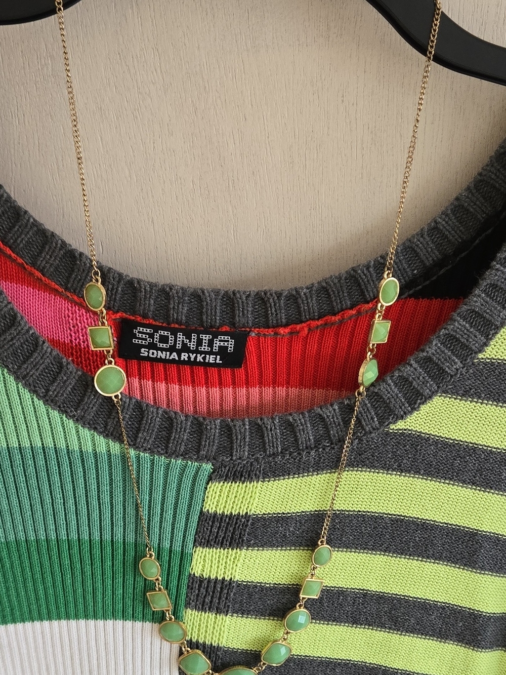 Sonia Rykiel Multicolor Striped Crewneck Sweater — Green, Lime & Gray